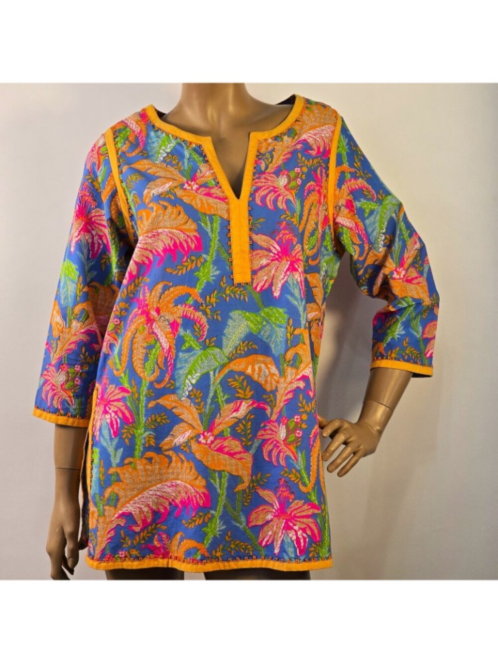 Gretchen Scott Resortwear Split Neck Tropical Pullover Tunic 3/4 Sleeve Sz L - Picture 7 of 13